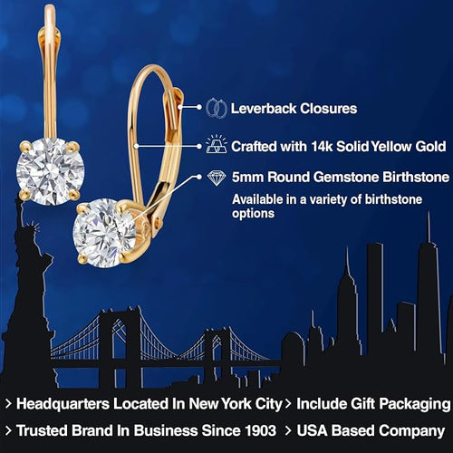 Gem Stone King 0.20-1.50 Ct Lab Diamond Leverback Earrings 14K Gold Round Cut | E-F | VVS-VS | April Birthstone | 4-Prong | Yellow Gold Earrings for Women Her | Fine Jewelry Gift for Mom Wife